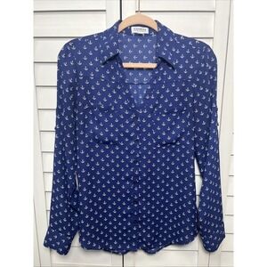 Express Anchor Print Long Sleeve Portofino Button Down Fisherman Top Size Small